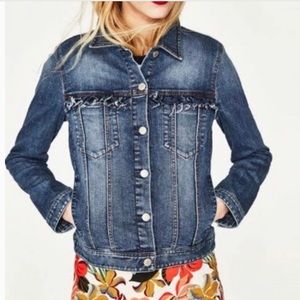 Zara Trafaluc Ruffle Distressed Jeans Denim Jacket
